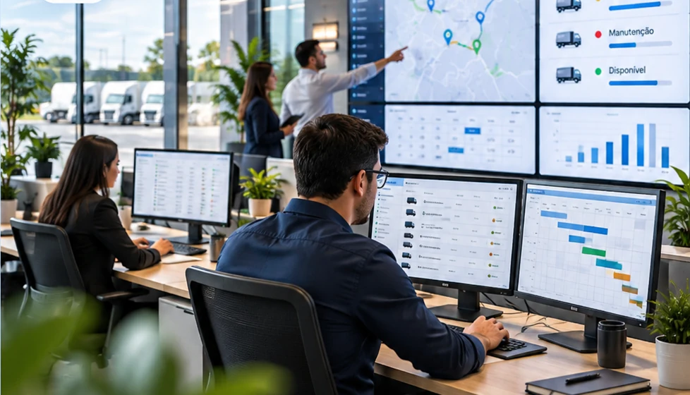 Equipe em ambiente de operações com painéis digitais